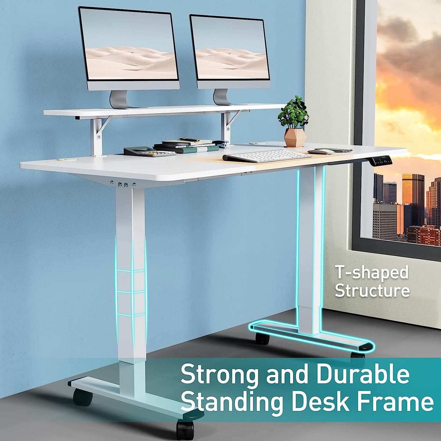 WOKA 55 x 28 Inch Electric Standing Desk with Wheels, Height Adjustable Stand up Desk with a Monitor Stand Riser, Standing Computer Desk with Memory Controllers, Adjustable Desks for Home Office