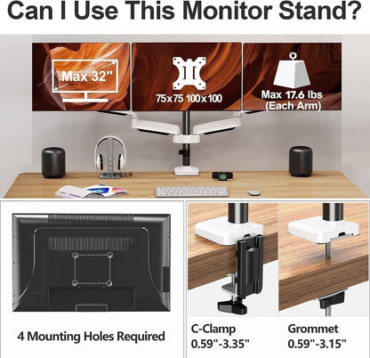 MOUNT PRO Triple Monitor Mount, 3 Monitor Desk Mount for There Screens up to 32 Inch, Full Motion Gas Spring Triple Monitor Stand, Heavy Duty Monitor Arm Hold up to 30.9lbs Each, VESA Mount, White