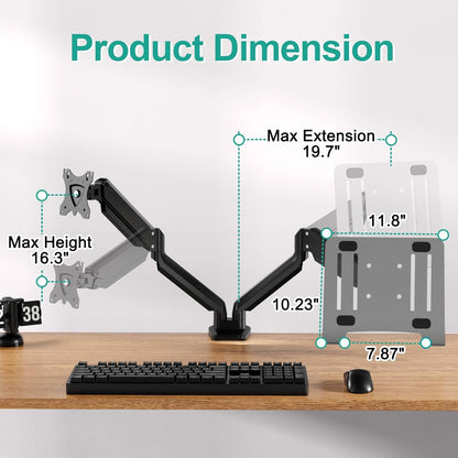 MOUNT PRO Monitor and Laptop Mount Fits Max 17" Notebook and 32" Computer Screen, Adjustable Laptop and Monitor Stand for Desk, VESA Monitor Mount with Laptop Tray, Each Arm Holds up to 17.6lbs