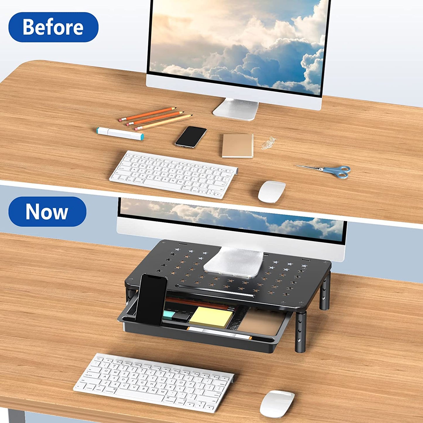 Zimilar Monitor Stand Riser with Drawer - 3 Height Adjustable Monitor Stand with Unique Star Mesh, Metal Monitor Riser for Computer Laptop Notebook Printer