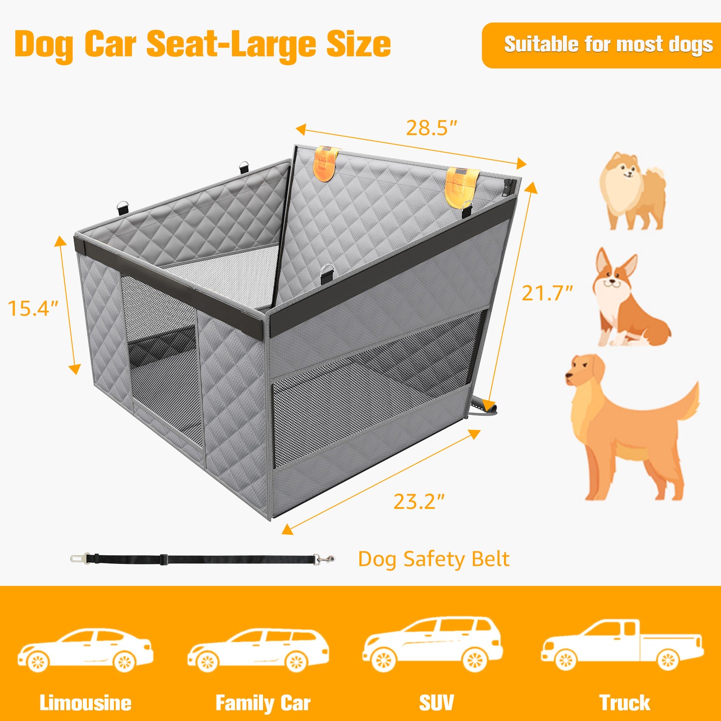 PETICON Large Dog Car Seat, Back Seat Extender for Dogs with 3 Mesh Windows, Waterproof Medium Carseat for Dogs with Hard Bottom, Pet Seat Cover for Cars, Trucks and SUVs (Gray)
