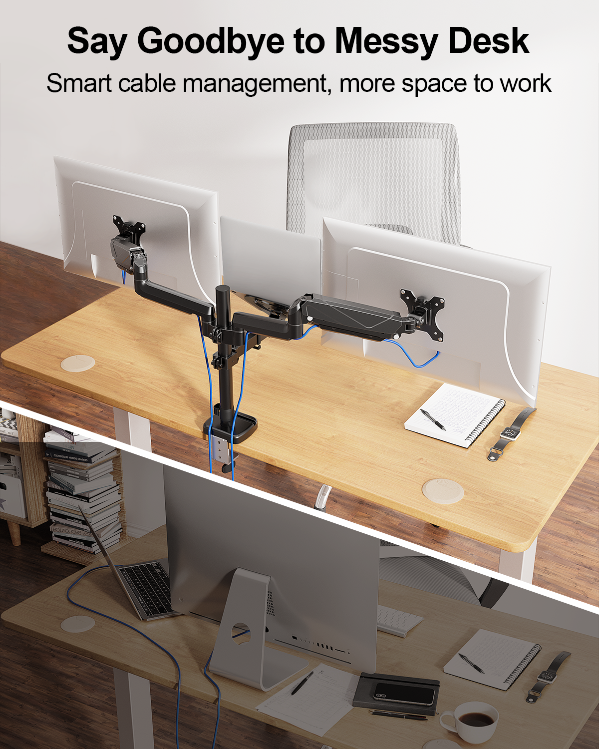 MOUNT PRO Monitor and Laptop Mount for 2 Max 27" Computer Screens, Laptop Tray Fits 10-17inch Notebook, 3-in-1 Adjustable Laptop and Monitor Desk Mount with VESA Bracket 75/100mm