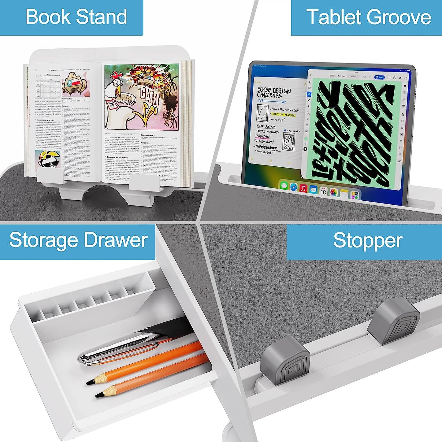 WOKA Laptop Desk for Bed, Extra Large Adjustable Lap Desk, Foldable Laptop Bed Tray Table with Storage Drawer, Portable Lap Desk with Stopper, Book Stand for Drawing, Writing, Working, Grey