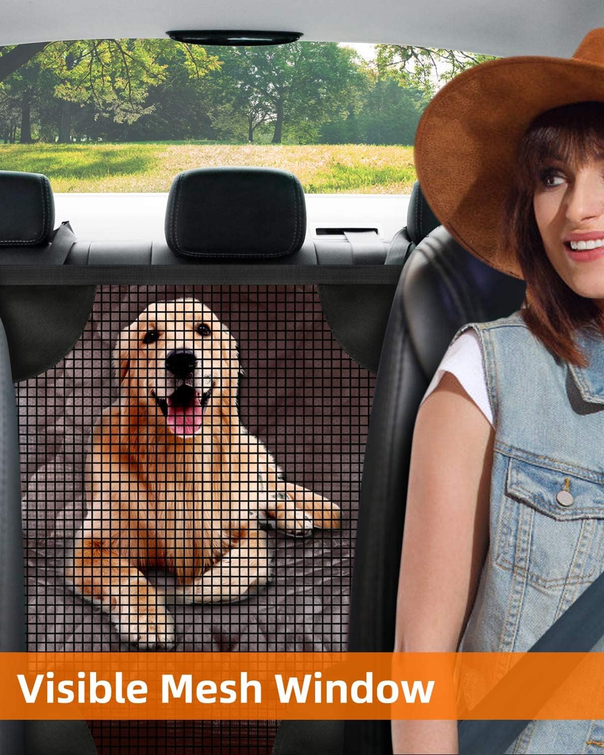 PETICON Dog Car Seat Cover for Back Seat, Waterproof Dog Seat Cover for Cars with Mesh Window, Scratchproof Back Seat Cover for Dogs, Nonslip Dog Hammock for Cars, Trucks, SUVs, Jeeps, Brown
