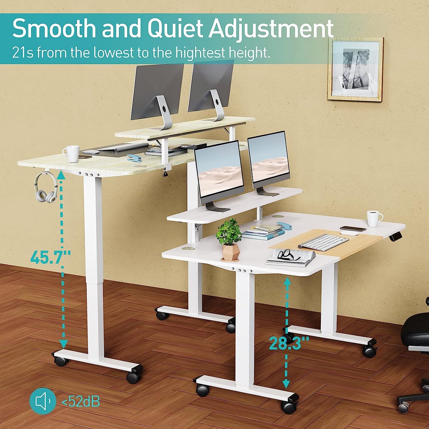 WOKA 55 x 28 Inch Electric Standing Desk with Wheels, Height Adjustable Stand up Desk with a Monitor Stand Riser, Standing Computer Desk with Memory Controllers, Adjustable Desks for Home Office