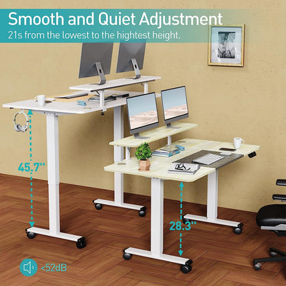 WOKA 55 x 28 Inch Electric Standing Desk with Wheels, Height Adjustable Stand up Desk with a Monitor Stand Riser, Standing Computer Desk with Memory Controllers, Adjustable Desks for Home Office