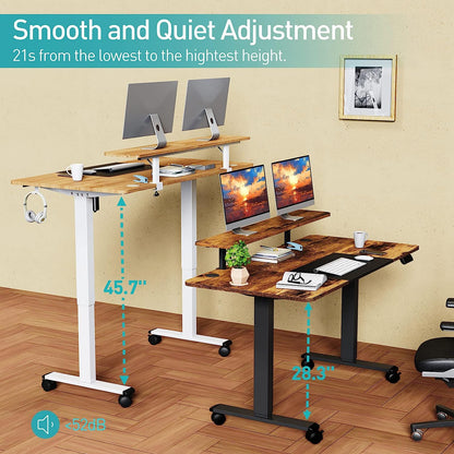 WOKA 55 x 28 Inch Electric Standing Desk with Wheels, Height Adjustable Stand up Desk with a Monitor Stand Riser, Standing Computer Desk with Memory Controllers, Adjustable Desks for Home Office