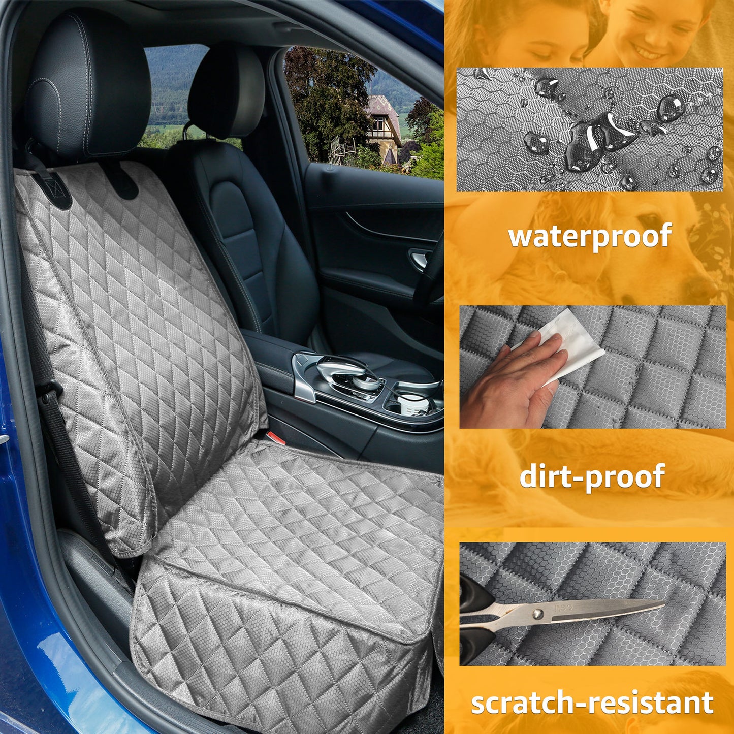 PETICON Waterproof Front Seat Car Cover 2 Pack, Full Protection Dog Car Seat Cover with Side Flaps, Nonslip Scratchproof Captain Chair Seat Cover Fits for Cars, Trucks, SUVs, Jeep, Gray