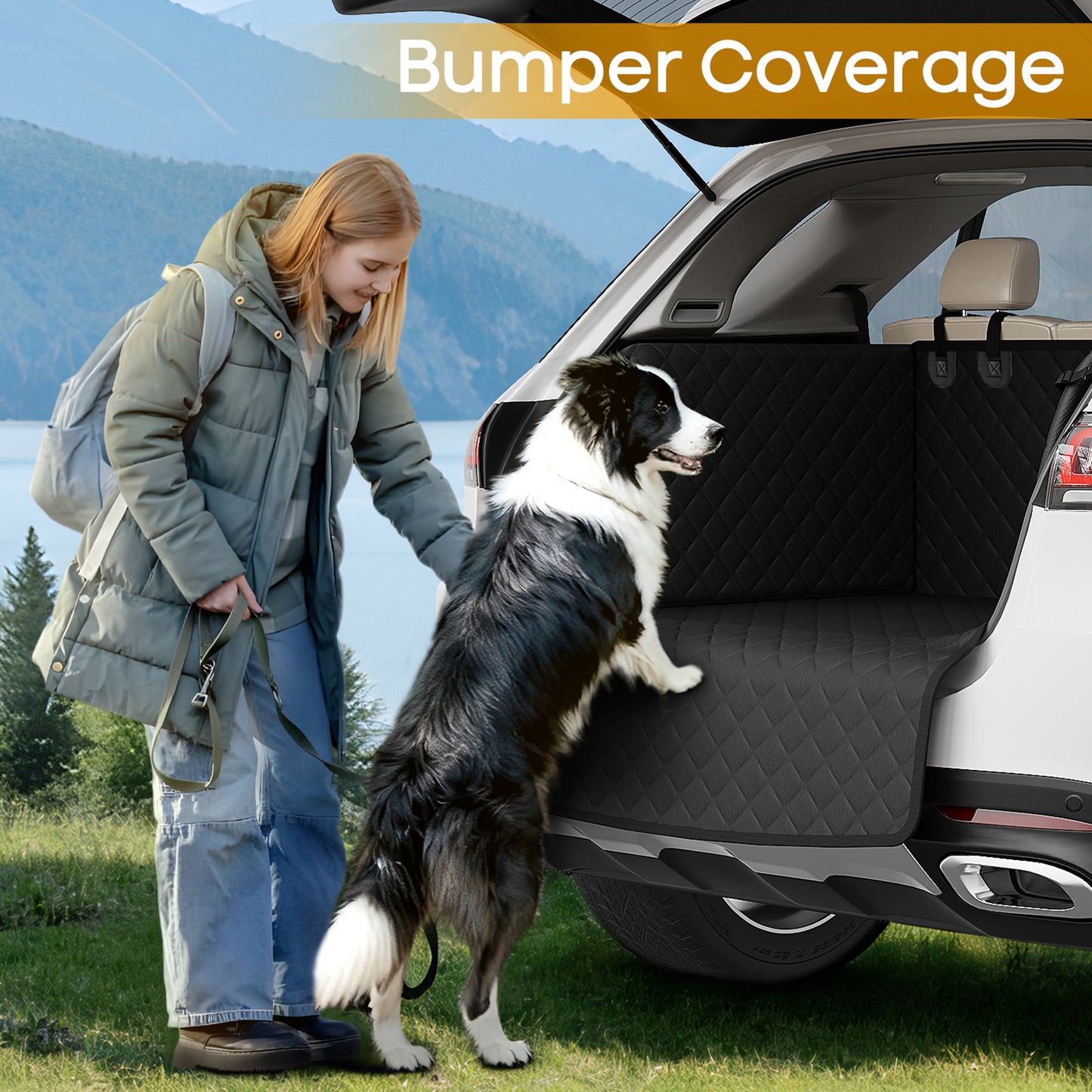 PETICON SUV Cargo Liner for Dogs, Waterproof Trunk Cover with Cushioned Sides to Protect Pet, Full Coverage Non-Slip Seat Cover for Trucks & SUVs with Bumper Flap Protector