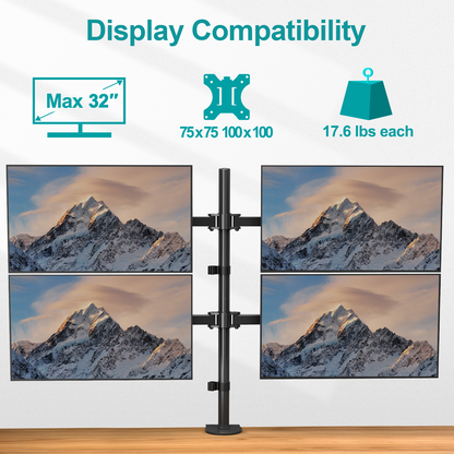 MOUNT PRO 4 Monitor Mount for Max 32" Computer Screens, Up to 17.6lbs Each Quad Monitor Stand for Desk, Fully Adjustable Stacked 4 Desk Arm with Tilt, Swivel, Rotation, VESA 75x75/100x100mm