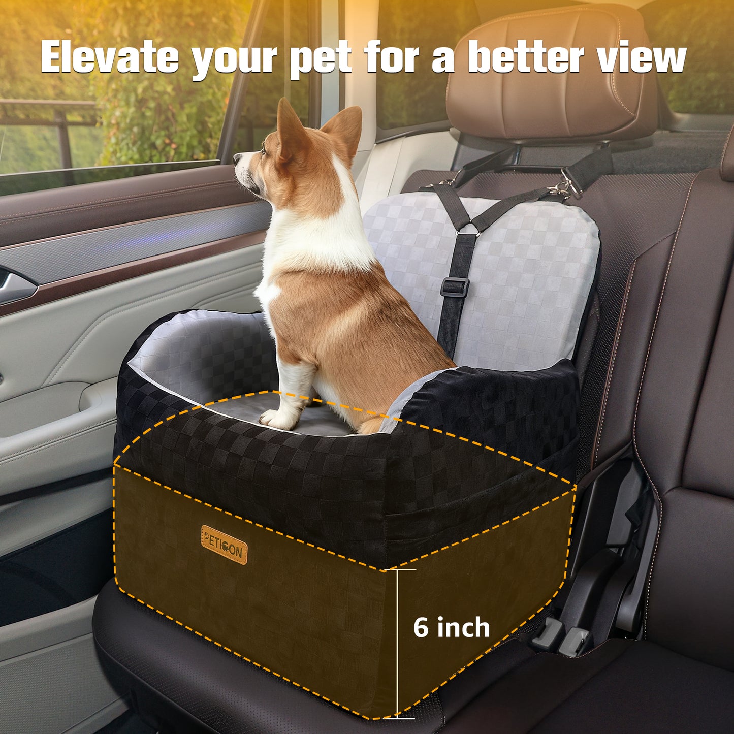 PETICON Waterproof Dog Car Seat for Small Medium Dogs, 6in Memory Foam Pet Booster Seat for Dogs up to 26 lbs with Pockets, Detachable Washable Pet Carseat with Y-Shape Safety Belt