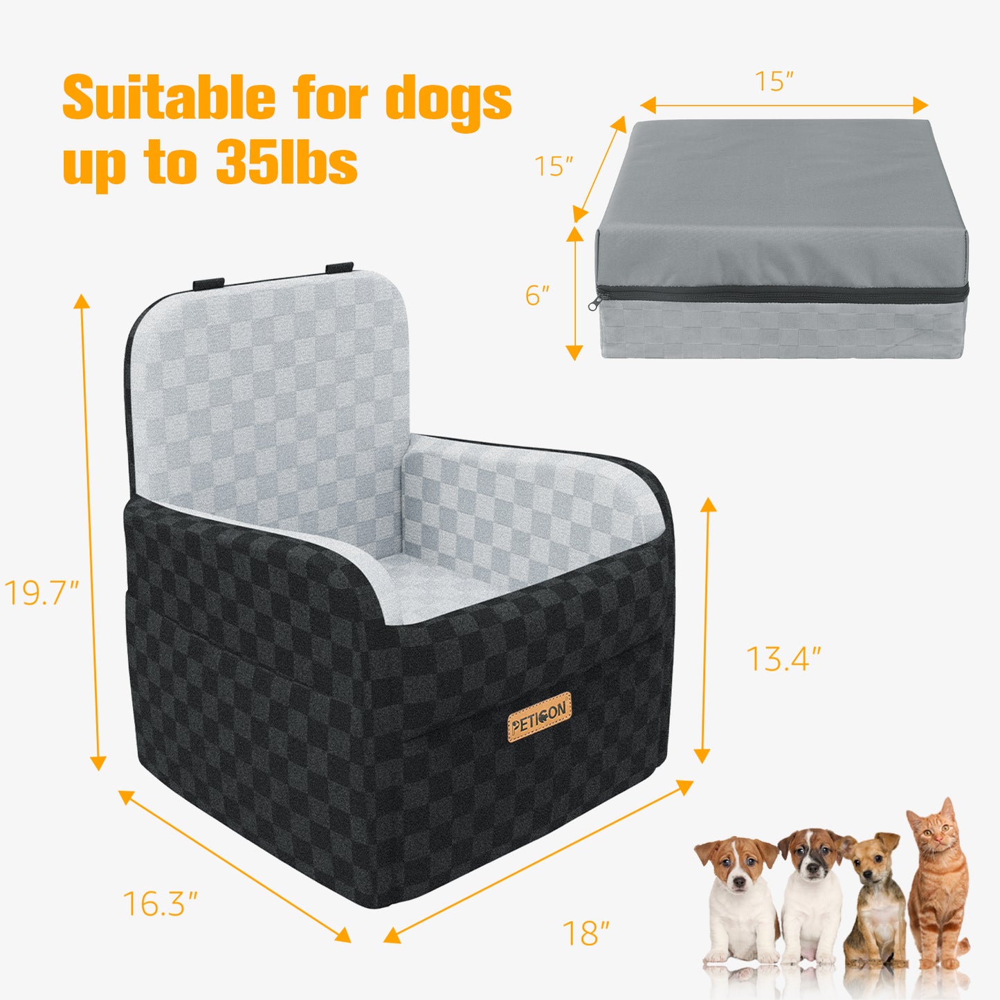 PETICON Waterproof Dog Car Seat for Small Medium Dogs, 6in Memory Foam Pet Booster Seat for Dogs up to 26 lbs with Pockets, Detachable Washable Pet Carseat with Y-Shape Safety Belt